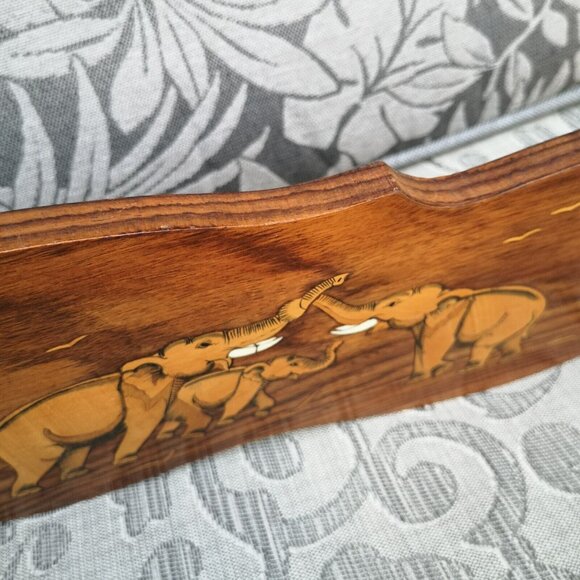 Vintage Handmade Marquetry Wooden Elephant Wall Picture 14"x6" Etched Carved - Picture 12 of 14
